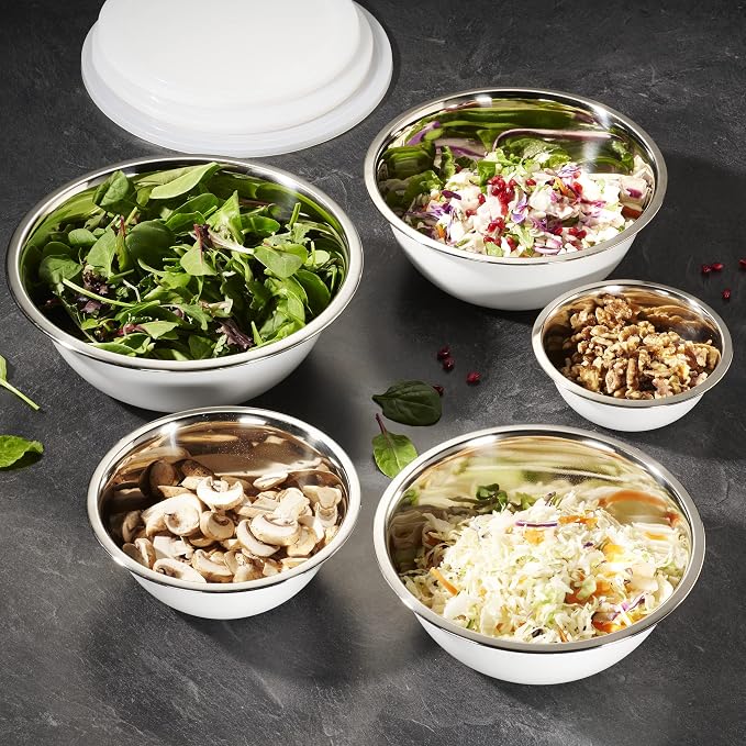 WHYSKO Stainless Steel Mixing Bowl Set, 10 Piece Stainless Steel Mixing Bowls with Lids Set for Food Prep Storage and Serving, Dishwasher Safe for Kitchen Baking Cooking, White