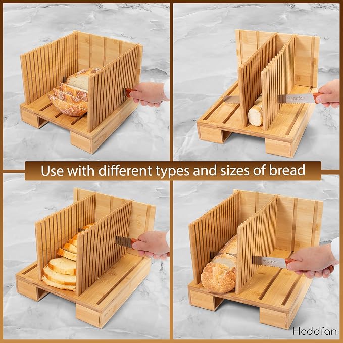 Bamboo Bread Slicer For Homemade Bread - Built-In Knife Slot, Crumb Catcher & Storage Compartment - Adjustable Extra Wide & High For Sourdough - Long 12” Knife Blade Included
