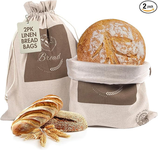 Linen Bread Bags for Homemade Bread (2 Pack, XL) – Easy to Clean Large Reusable Cloth Bags for Sourdough, Sandwich & Loaf Storage, BPA-Free Linen Bag with String Closure For Fresh Breads Storage