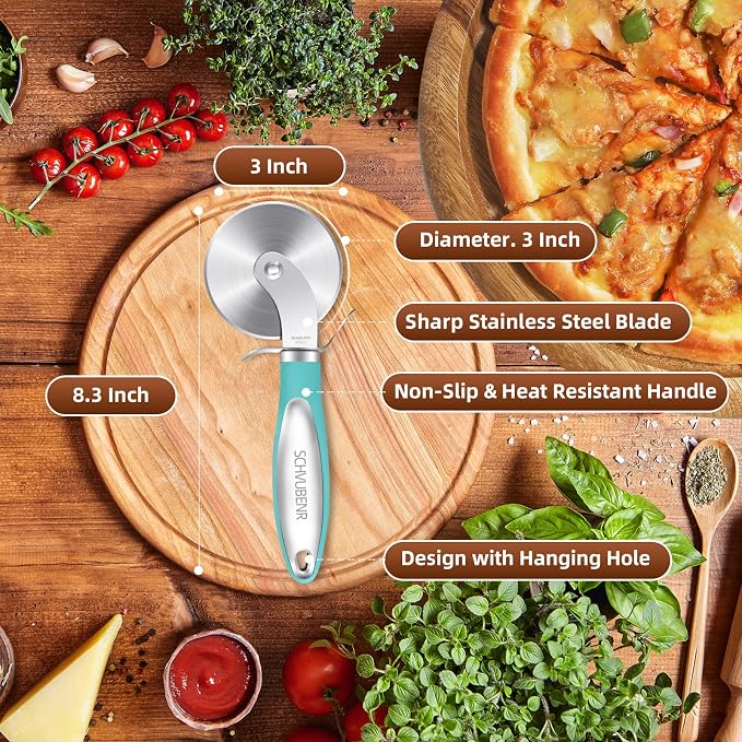 SCHVUBENR Premium Pizza Cutter Wheel - Ultra Sharp Stainless Steel Pizza Slicer with Non-Slip Soft Grip Handle - Multi-Purpose Cutter for Pizza, Dough & Pastry - Dishwasher Safe, Easy to Clean - Blue