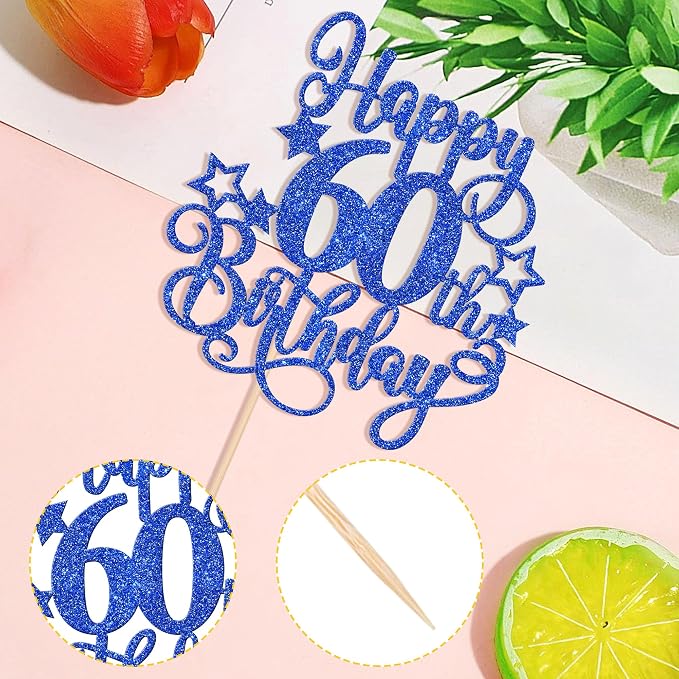 1 PCS Happy 60th Birthday Cake Topper Glitter Cheers to 60 Years Birthday Cake Pick Hello 60 Fabulous Cake Decoration for Happy 60th Birthday Anniversary Party Decorations Supplies Blue