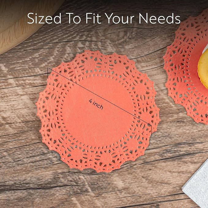 Restaurantware Pastry Tek 4 x 4 Inch Lace Doilies 100 Decorative Tableware Placemats - Disposable Round Red Paper Table Doilies For Birthdays Or Weddings Table Decor
