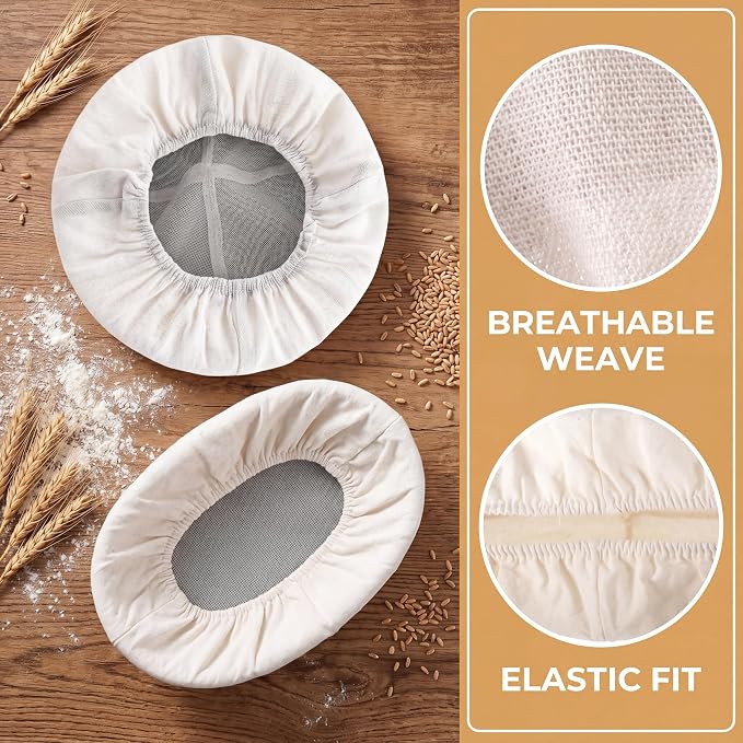 4Pcs Bread Proofing Basket Liners - 2 Oval & 2 Round 10 Inch Covers, Reusable Natural Rattan Banneton Cloth for Sourdough Baking, Home Bakery Dough Proofing Covers (4)