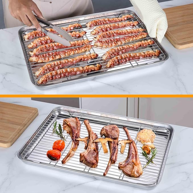 Homikit Baking Sheet with Rack Set (2 Pans+2 Racks), 20x14 Inches Large Stainless Steel Cookie Sheets & Cooling Racks Non Toxic, Big Metal Bacon Crisp Trays for Oven Baking Cooking, Dishwasher Safe