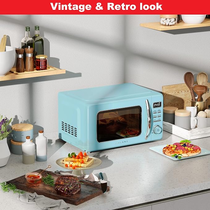 Galanz GLCMKZ09BER09 Retro Countertop Microwave Oven with Auto Cook & Reheat, Defrost, Quick Start Functions, Easy Clean with Glass Turntable, Pull Handle, 0.9 cu ft, Blue