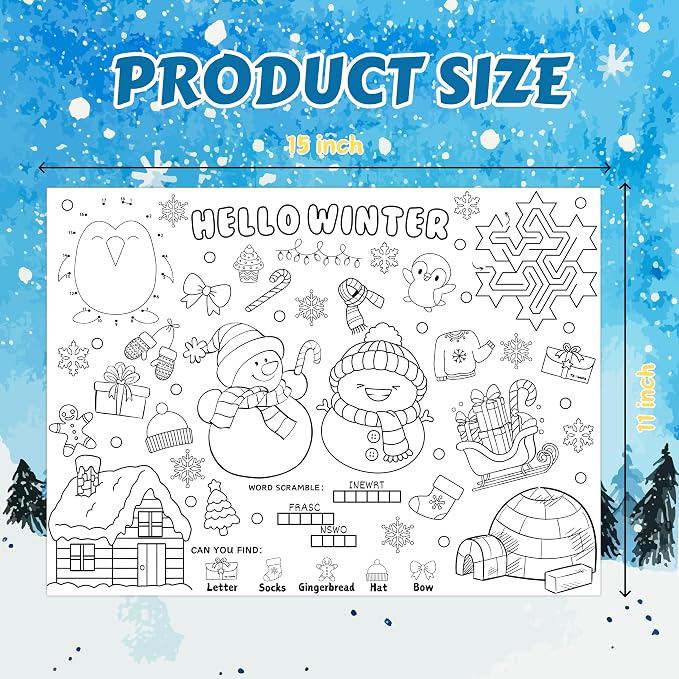 45pcs Winter Coloring Placemats for Kids Disposable Coloring Poster Hello Winter Gifts School Classroom Activities Chirstmas Paper Table Mats