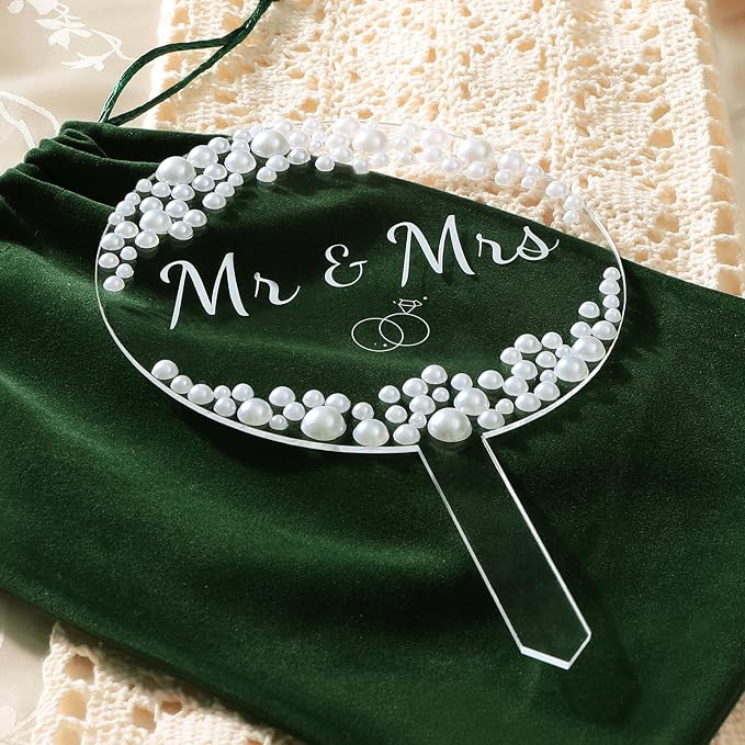 Coucoland Mr and Mrs Cake Topper - Round Acrylic Wedding Cake Decor with Elegant Pearls for Engagement Bridal Anniversary