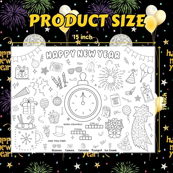 45pcs New Year Placemats for Kids Disposable Coloring Poster Happy New Year Gifts School Classroom Activities Paper Table Mats