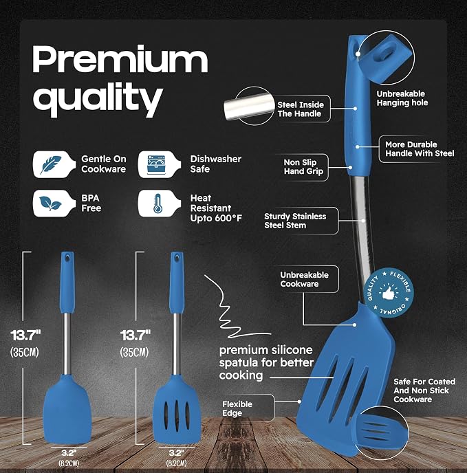 BakeRoyal Silicone Spatula Set - Turner Spatulas Silicone Heat Resistant 600°F - Slotted & Solid Spatula for Cooking Fish, Eggs, Pancakes Flipper – Spatulas for kitchen use – Blue