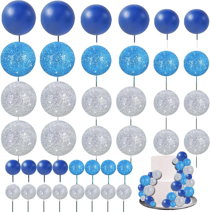 BEISHIDA 40 Pcs Ball Cake Toppers Mini Balls Cake Decorations Blue Silver Foam Balls Sticks DIY Cake Topper for Baking Congrats Grade 2026 Graduation Birthday Winter Party Decorations (Blue Silver)