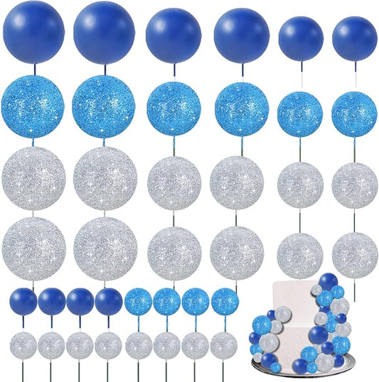 BEISHIDA 40 Pcs Ball Cake Toppers Mini Balls Cake Decorations Blue Silver Foam Balls Sticks DIY Cake Topper for Baking Congrats Grade 2026 Graduation Birthday Winter Party Decorations (Blue Silver)