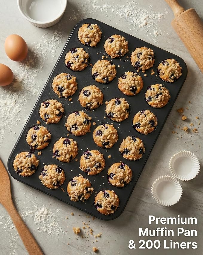 CARTMAN 24-Cup Mini Muffin Pan with 200 Paper Liners, Non-Stick Carbon Steel Mini Muffin Tin for Even Baking, Ideal for Cupcakes, Egg Bites, and Party Treats