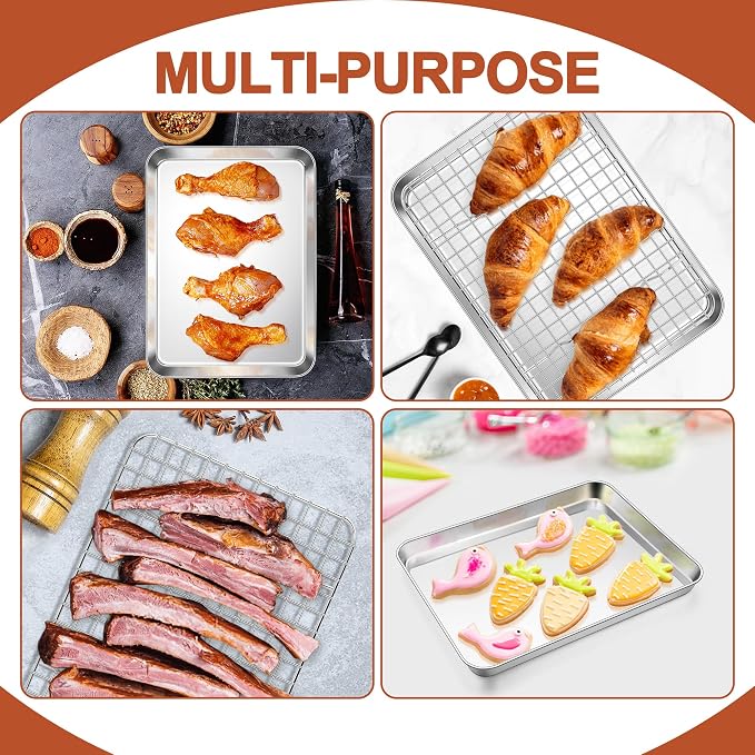 E-far Stainless Steel Baking Sheet with Wire Rack Set, 10.5” x 8.3” Cookie Sheet Baking Pan for Toaster Oven, Small Metal Tray with Cooling Rack for Cooking Roasting, Non-Toxic & Dishwasher Safe