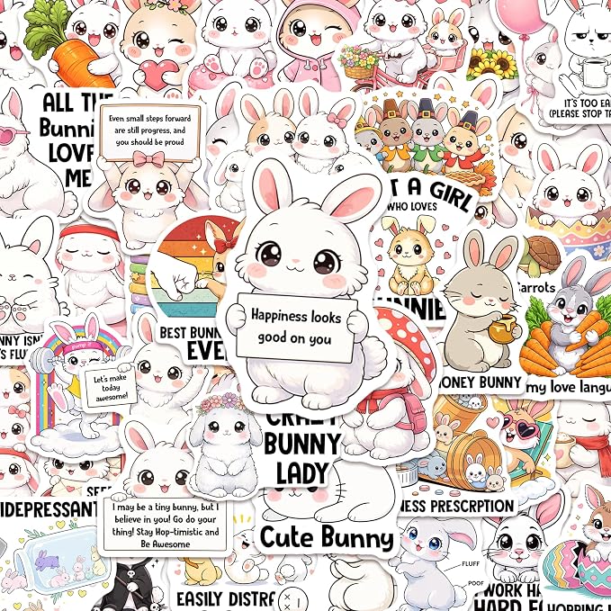 Bunny Stickers 50PCS – Waterproof Vinyl Rabbit Decals for Water Bottles, Laptops, Journaling – Non-Repeating Decals, High-Definition Print Gift for Womens