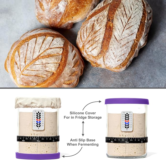 Premium Sourdough Starter Jar - 40oz Large Sourdough Jar with Marked Feeding Band, Scraper, Cloth Cover and Silicone Lid/Base, Wide Mouth Starter Kit - Purple