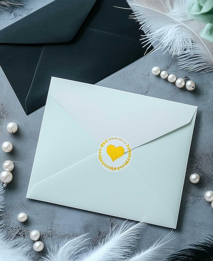 100 Pcs Handmade with Love Stickers, Transparent Foil sticker, 1.6 Inch Round Self-Adhesive Seals for Gift Packaging, Small Business, Envelope & Thank You Cards (Gold)