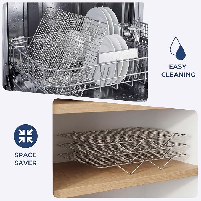 E-far 3-Tier Cooling Rack for Cooking and Baking - 15”x10” Collapsible & Stackable Tight-Wire Stainless Steel Cookie Rack for Baking Sheet, Oven, Roasting, Dishwasher Safe & Space Saving