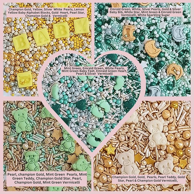 Baby Neutral Shower Sprinkles | Edible Sprinkles for cake & Cupcake Decorations | Assorted Pack of 5 Mix Baby Bib, Start, Heart & Feet Sprinkle | Vegan, Gluten-Free, Nut-Free, Soy-Free, Dairy-Free, Palm Oil-Free - 5 Oz