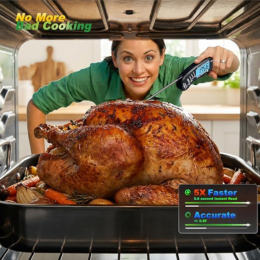 0.6S Instant Read Digital Meat Thermometer Pen for Outdoor BBQ, Grilling, Smoking, Oven Baking, Oil, Candy with Factory-Calibrated Waterproof Magnetic Backlit Flip Display, Motion Sensor.