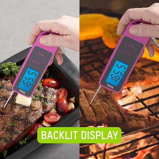 Taylor TruTemp Compact Digital Folding Meat Thermometer with Carabiner Clip for Grilling, BBQ, Kitchen & Food, Gadget Essential, Gifts, Pink