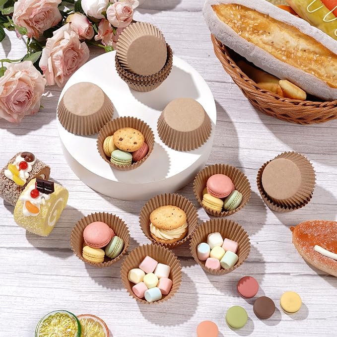 300PCS Natural Cupcake Liners Brown Paper Baking Cups Standard Size Muffin Cupcake Wrappers Nuts Serving Containers for Rustic Wedding Bridal Shower Graduation Xmas Birthday Party Cake Decor