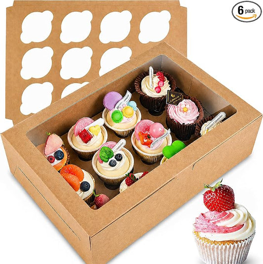 NPLUX 6 Pack Cupcake Boxes, 12 Count Cupcake Containers with Window and Cardboard, Food Grade Cupcake Carrier For Muffins Cupcakes Desserts (Brown 13.8×9.5×4 In)