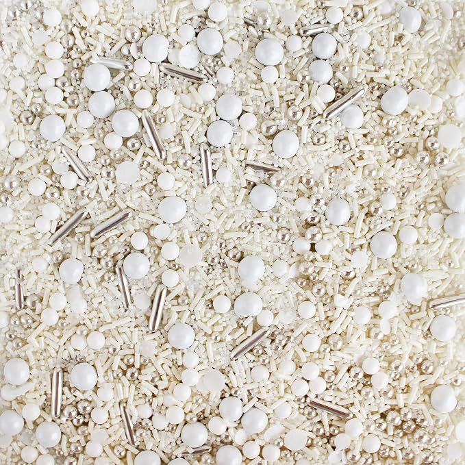 Wedding Bells Sprinkle Mix| Made In USA By Sprinkle Pop| Classic Pure White Sprinkles With Shimmering Silver Metallic Dragees| Decorating Sprinkles For Anniversary Bridal Shower Cakes Cupcakes, 2oz
