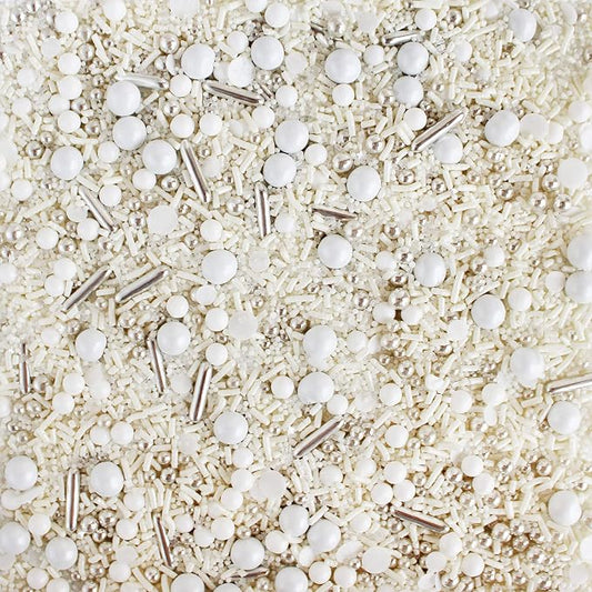 Wedding Bells Sprinkle Mix| Made In USA By Sprinkle Pop| Classic Pure White Sprinkles With Shimmering Silver Metallic Dragees| Decorating Sprinkles For Anniversary Bridal Shower Cakes Cupcakes, 2oz