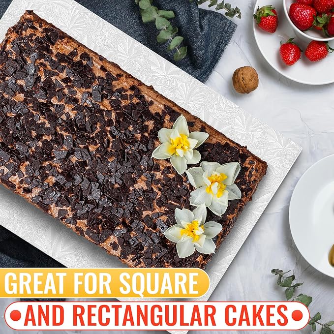 Cake Board Rectangle 13.8" x 9.9"x1/2" – Quarter Sheet Cake Drum with Double-Wall Corrugated Design, Grease-Resistant Foil, Smooth Edges – White Display for 4th of July Cakes, Pastries & Desserts