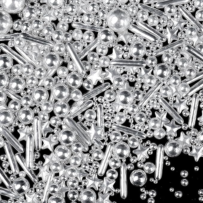 Silver Sprinkles for Cake Decorating, 4.6oz Edible Star Sprinkles with Sugar Pearls and Rods, Candy Baking Decorations, Ice Cream Toppings and Cookie Decorating, Wedding Party Valentines Supplies