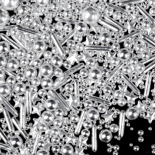 Silver Sprinkles for Cake Decorating, 4.6oz Edible Star Sprinkles with Sugar Pearls and Rods, Candy Baking Decorations, Ice Cream Toppings and Cookie Decorating, Wedding Party Valentines Supplies
