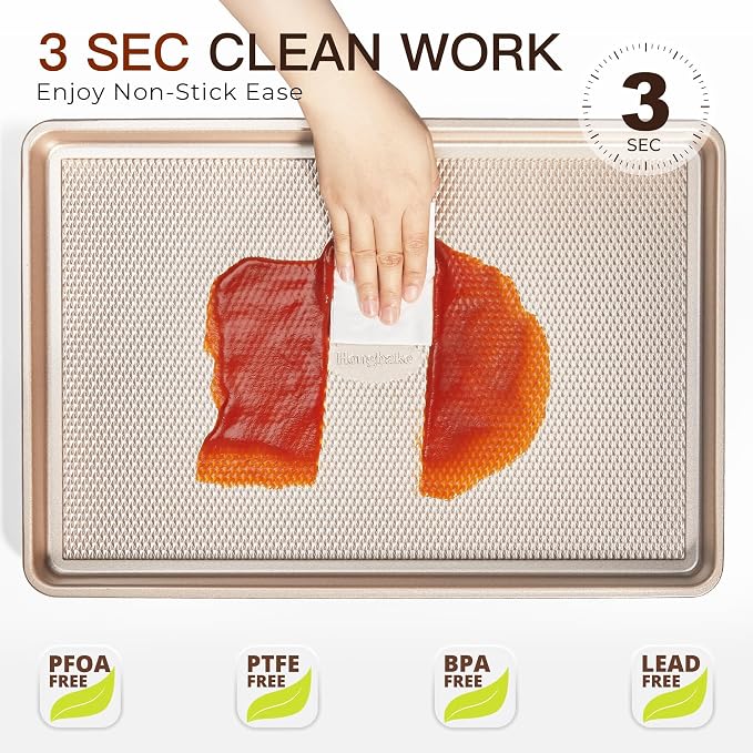 HONGBAKE 3 Pack Gold Nonstick Baking Sheet Pan Set with Oven Mitts Heat Resistant, Non-Toxic Half/Quarter/Jelly Roll Pans with Diamond Texture Pattern, Heavy Duty 0.8mm Thick Cookie Trays for Cooking