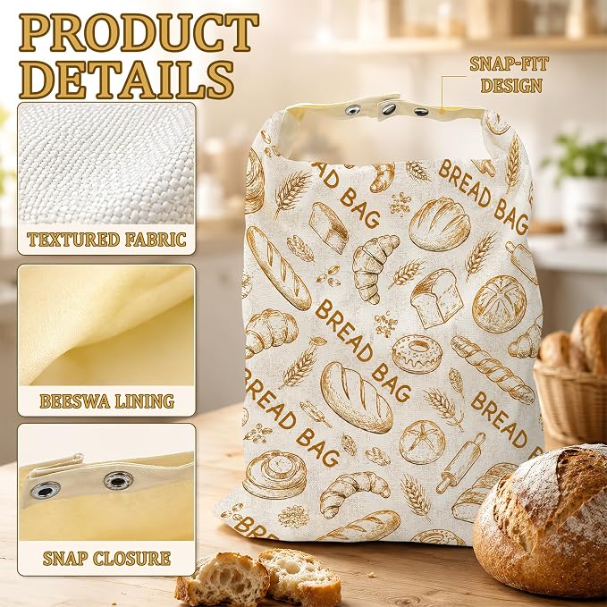 Vintage Kitchen Bakery Bread Bags for Homemade Bread, 2 Pack Linen and Beeswax Sourdough Storage Bags, Reusable Keeper, Keeps Breads Fresh Longer, Gifts for Bakers
