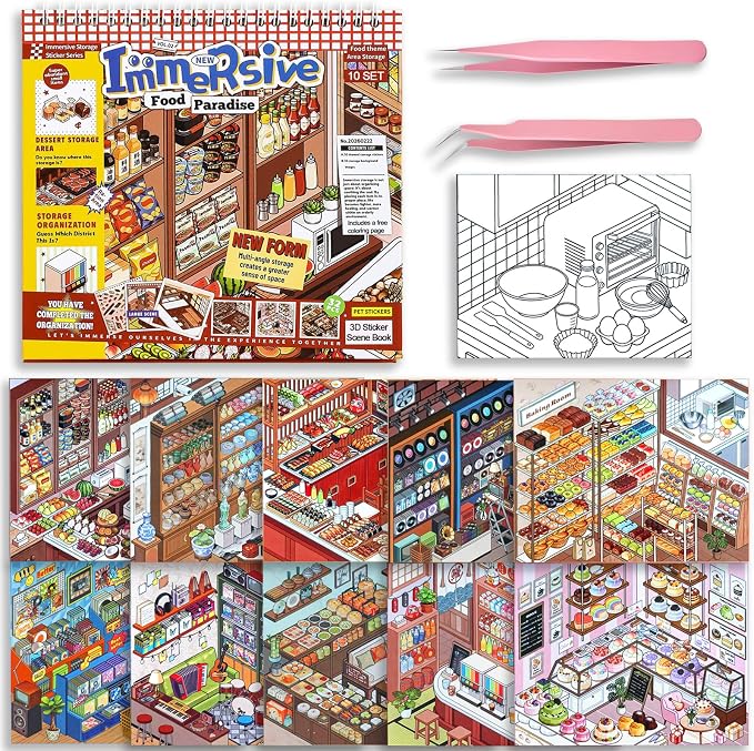 10 Sets Big DIY 3D Sticker Scene Book for Kids Adults Make Your Own Shop House Stickers with Guidelines for Gifts Stickers Therapy for Adult Relief Stress Pass The Time Supermarket (Food Paradise)
