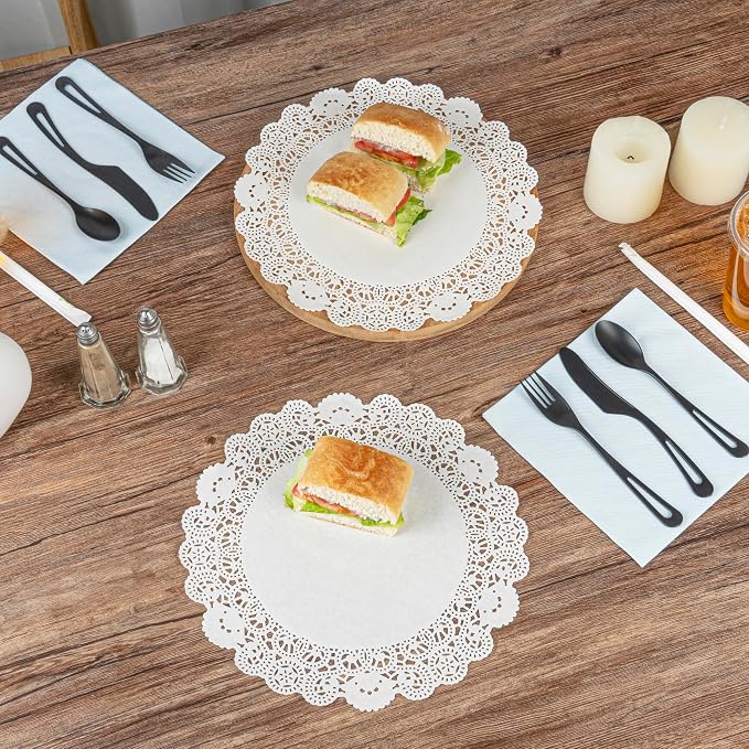 Restaurantware Pastry Tek 12 x 12 Inch Lace Doilies 100 Decorative Tableware Placemats - Disposable Round White Paper Table Doilies For Birthdays Or Weddings Table Decor