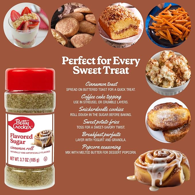 Betty Crocker Cinnamon Roll Flavored Sugar – Sweet Finishing Sugar Topping for Baking, Coffee, and Desserts, 3.7 oz