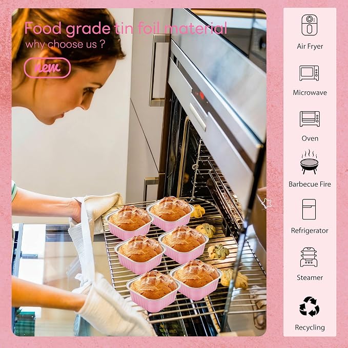 NPLUX 50 Pcs Mini Square Baking Cups with Lids and Spoons Aluminum Foil Mini Cake Pans with Lids Disposable Ramekins Cake Pans Dessert Cups for Wedding, Graduation Gifts Party Favors(Pink,10oz)