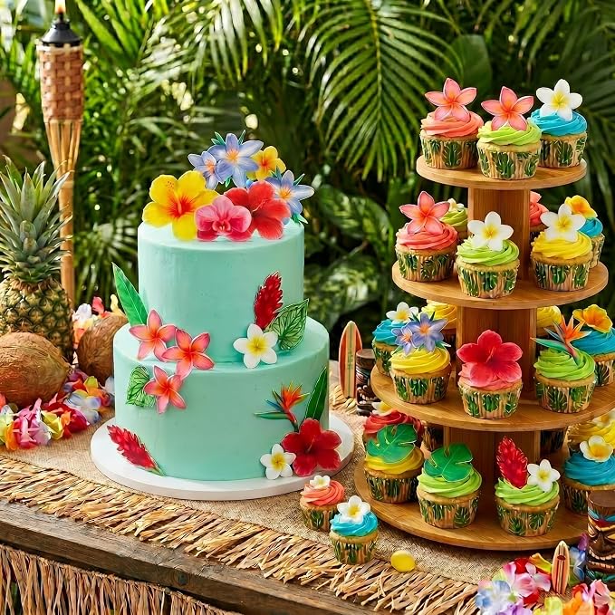70pcs Edible Flowers Cake Decorations Tropical Hibiscus Flower & Leaf Wafer Paper Cake & Cupcake Toppers for Hawaiian Theme Birthday Party Decorating