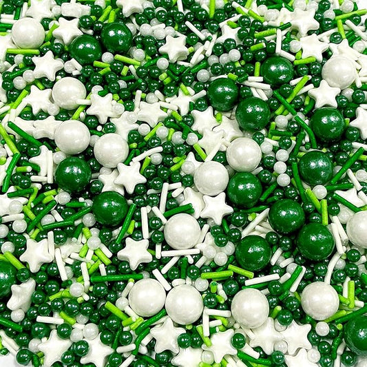 Green and White Pearl Jimmies Sprinkles for Cake Decorating Edible Star Sugar Pearls Patrick's Day Sprinkles Valentines Halloween Cake Cookie Cupcake and Cake Topper Decorations