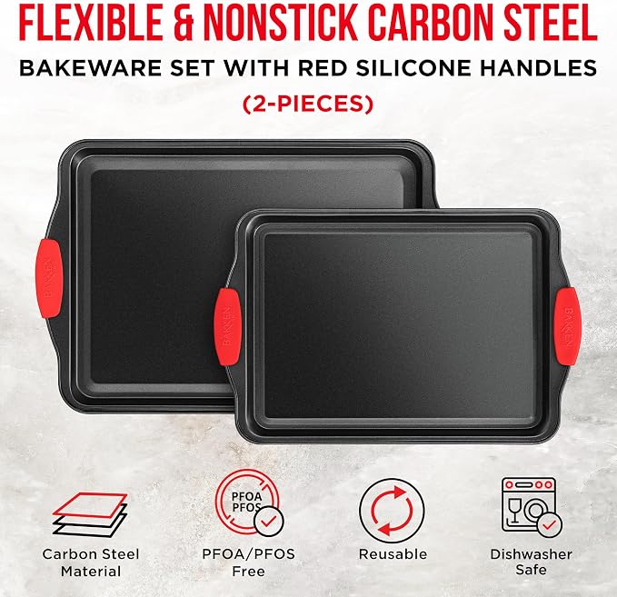 2 Piece Set Nonstick Carbon Steel Oven Bakeware -Professional Quality Kitchen Cooking Baking Trays -PFOA, PFOS, PTFE-Free Medium & Large Baking Sheet Pans with Red Silicone Handles