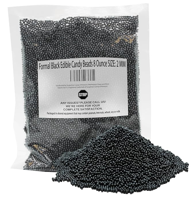 Formal Black Edible Candy Beads 8 Ounce SIZE: 2 MM For Decorating Wedding Cakes-Candy Caviar Gemstone For Parties-100% Edible