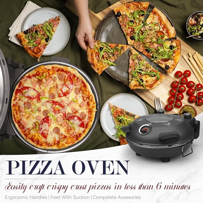 Baker's Friend Electric Pizza Oven Indoor Countertop, 12 Inch Pizza Maker Machine for Home, Pizza Cooker & Grill, Premium Glazed Ceramic Stone, Graphite Gray