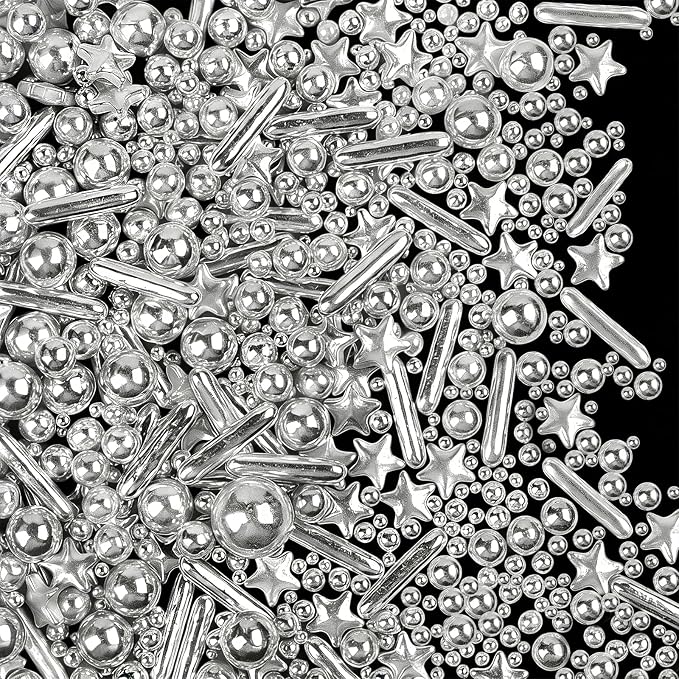 Silver Sprinkles for Cake Decorating, 4.6 oz Edible Pearls Rods Star Sprinkles for Baking Cupcake Cookies Ice Cream