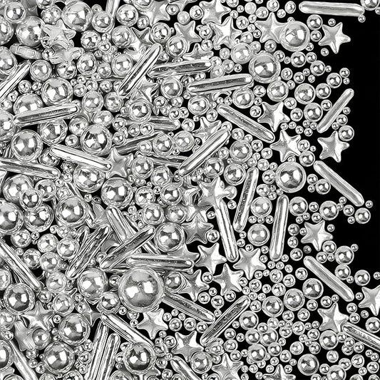 Silver Sprinkles for Cake Decorating, 4.6 oz Edible Pearls Rods Star Sprinkles for Baking Cupcake Cookies Ice Cream