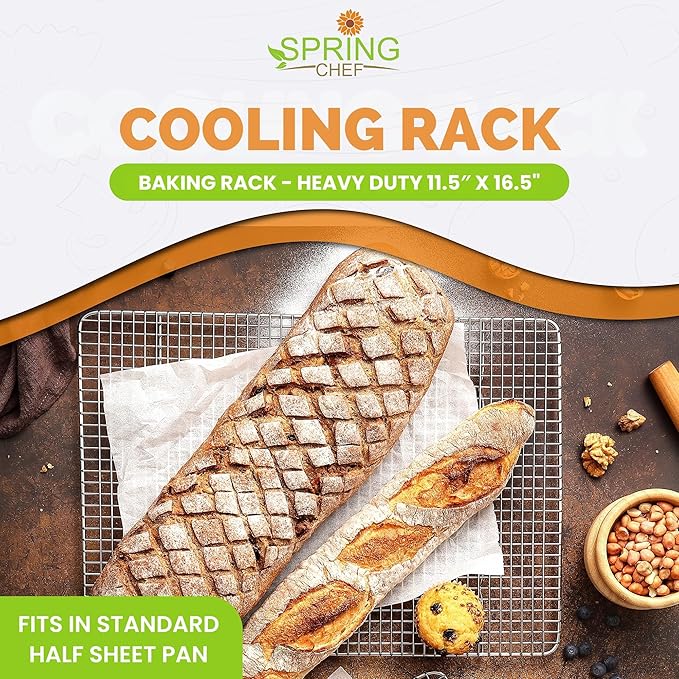 Spring Chef 11.5" x 16.5" Stainless Steel Cookie Cooling Rack - Oven Safe - Baking Rack for Bacon, BBQ, Jerky, Bread, Pizza, Cake - Fits Half Sheet Roasting Pan - Dishwasher Safe