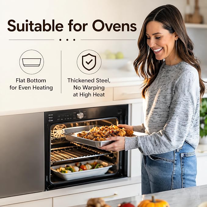 17.5" Half Sheet Baking Pan & Crisping Tray, 18/8 Stainless Steel | 2-Pack, Heavy Duty, Commercial Grade 304SS, 2" Deep Solid & 1" Perforated Tray, For Roasting Draining, Oven & Dishwasher Safe
