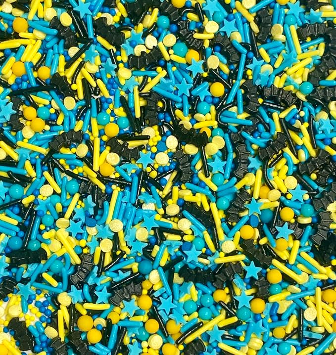 COOL MOM SPRINKLES Blue And Yellow Sprinkles (4 oz.) – Bat Hero Birthday Sprinkles for Decorating Cakes, Cupcakes, Cookies & Desserts – Mixed in the USA/Gluten-Free