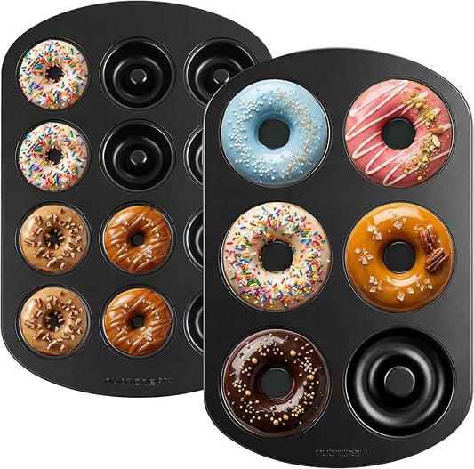 NutriChef Variety 2 Pack Full & Mini Donut Pan for Baking | One 12-Cavity Mini Donut Pan & One 6-Cavity Full Size Donut Pan for Baking | Carbon Steel Bagel Molds | Oven Safe Up To 450°F | Black