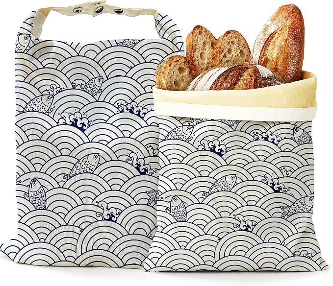 2 Pack Beeswax Japanese Wave Fish Bread Bags for Sourdough Homemade Breads, Reusable Beeswax Bread Blue Ocean Storage Bag, Keep Loaves Fresh Longer, Freezer Safe & Airtight, Zero Waste 17 x 13''