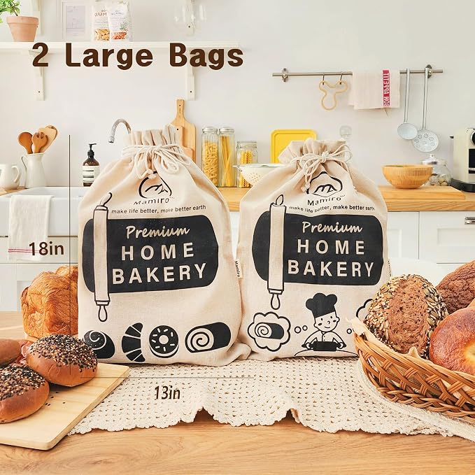 Bread Bags for Homemade Bread - 2 Pack Eco-Friendly Lining, XL Reusable Linen Bag for Fresh & Soft Homemade Sourdough Storage, Cloth Saver Bag for Sourdough 18” x 13"